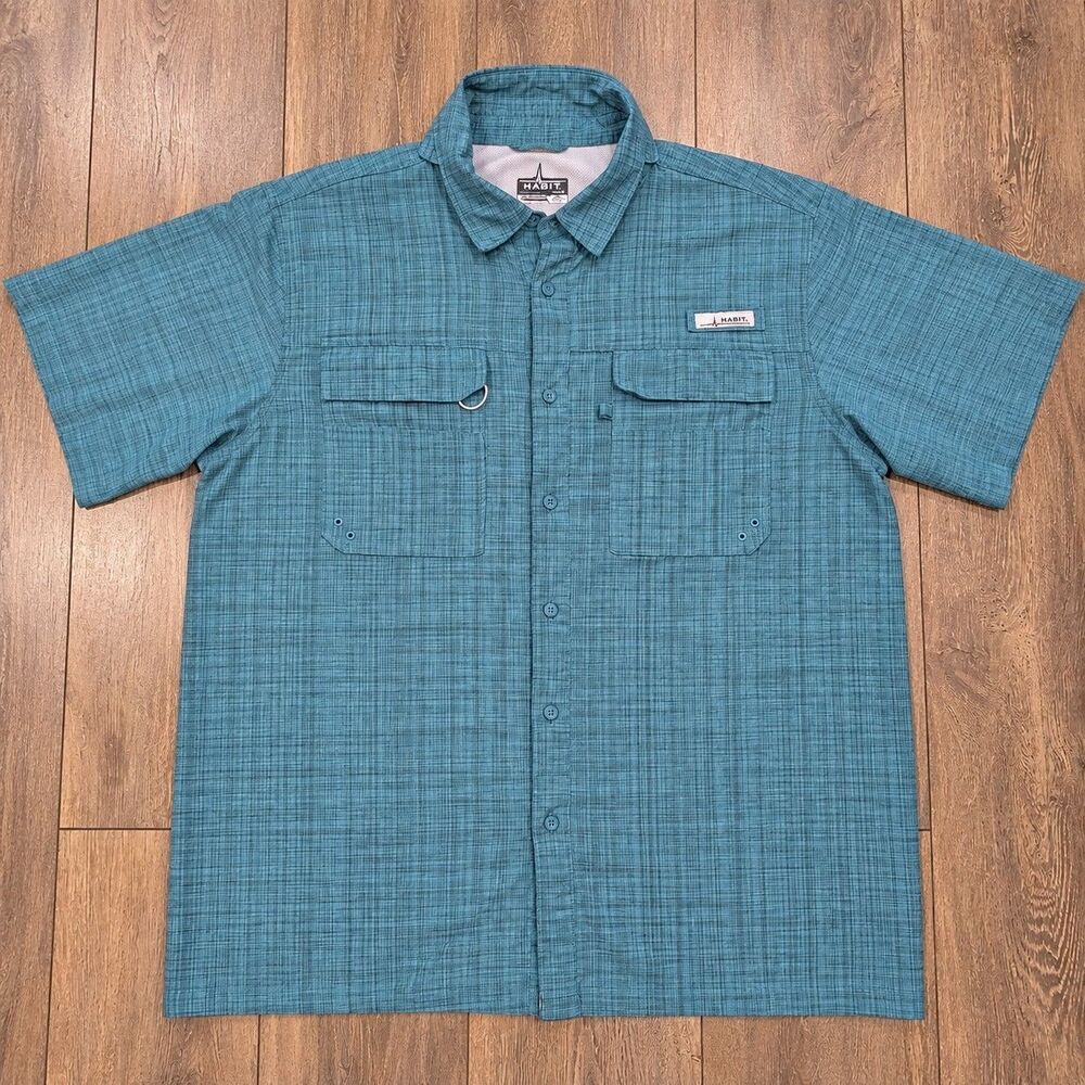 Habit Fishing Shirt Men's XL Teal Plaid Short Sleeve Vented UPF 40+ Button Up